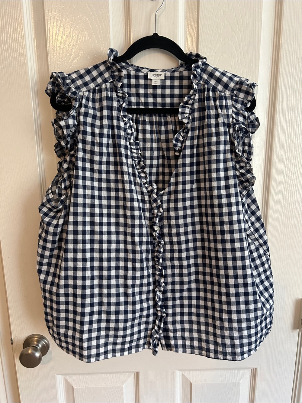 J. Crew Navy and White Gingham Ruffle Sleeveless Camisole